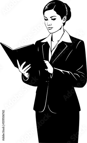a business woman standing with holding a notebook vector silhouette
