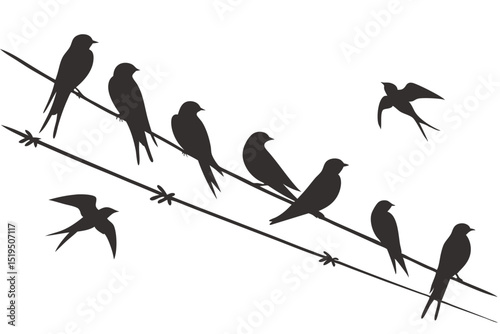 Swallow bird silhouettes on wire minimalist vector illustration graphic design elements