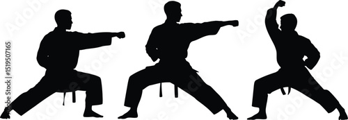 Three karate figures in black silhouette against a white background in various fighting stances ready