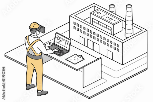 Engineer using VR headset and laptop to design a factory building