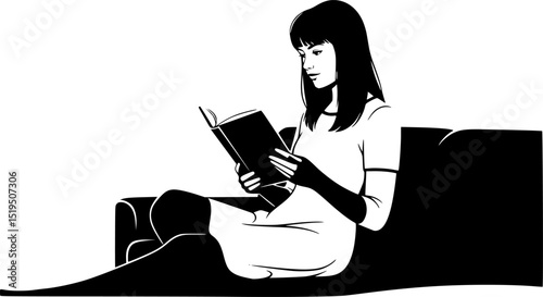 A young woman reading book sitting on the sofa vector silhoeutte
