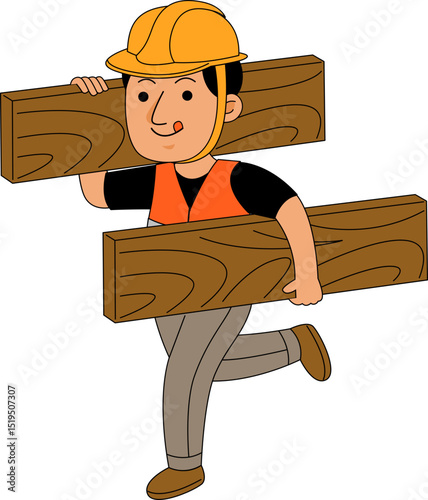 Cartoon Construction Worker Carrying Lumber Illustration