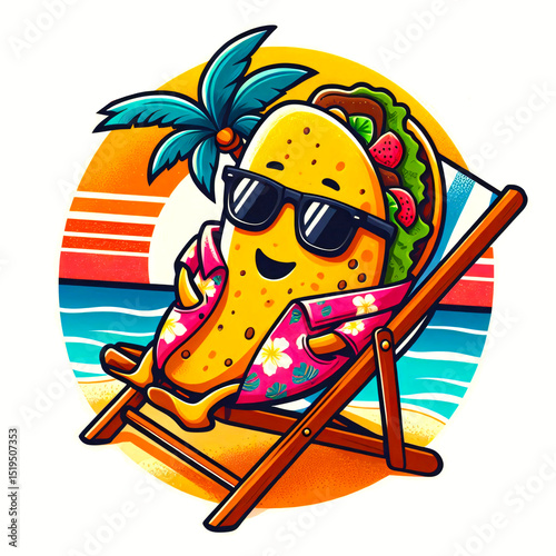Fun summer illustration of a taco in sunglasses and floral shirt laying on beach chair under palm trees, relaxed vacation mood