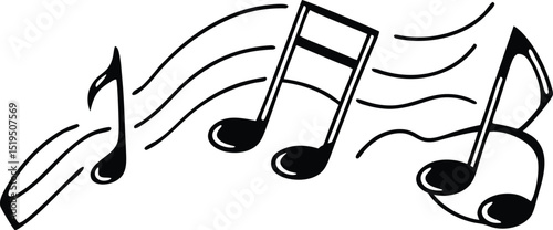Black and White Musical Notes with Flowing Lines Illustration