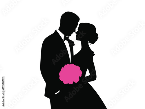 Silhouette of wedding couple with rose bouquet, vector illustration, Silhouette of couple in love