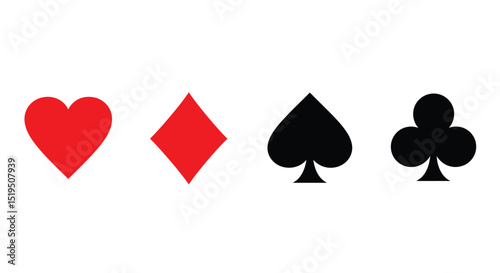 Card of play poker. Casino icon. suit, spade, diamond and heart. Symbols of game club. Set of gambling shapes isolated on white background. Design of signs. Vector.