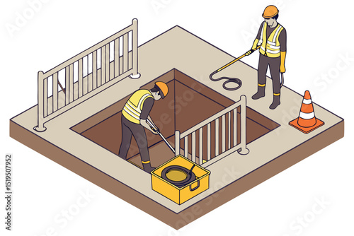 Two construction workers inspecting a pipeline in a manhole using specialized equipment