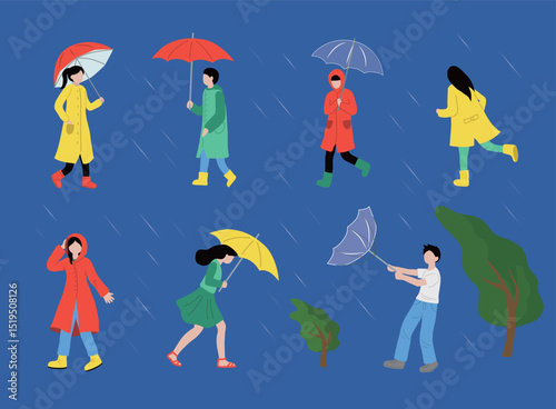People wearing raincoats and umbrellas during the rainy season clip art set vector illustration