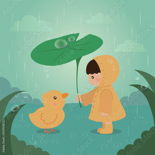 Rainy season illustration of a child in a yellow raincoat covering a chick with an umbrella of leaves