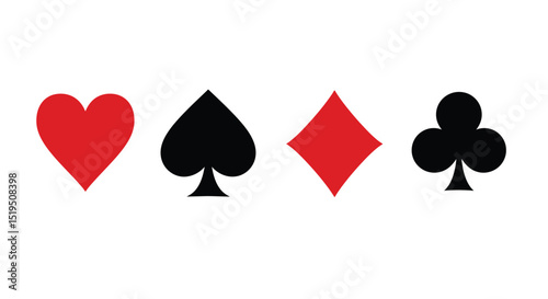 Card of play poker. Casino icon. suit, spade, diamond and heart. Symbols of game club. Set of gambling shapes isolated on white background. Design of signs. Vector.