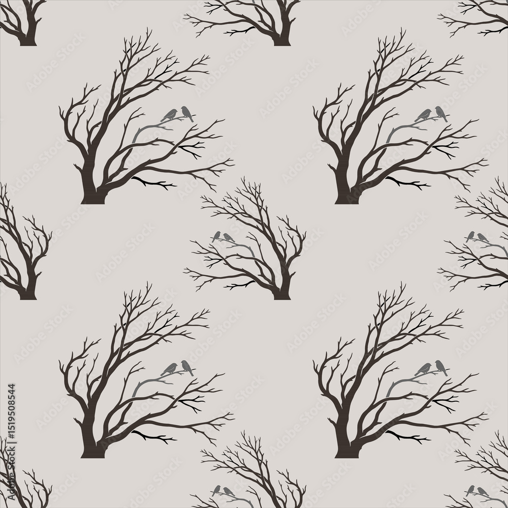 Fototapeta premium A seamless wallpaper with dry branch patterns represents a deciduous leaf. There are two birds, a vector pattern 
