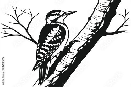 Vector illustration of a woodpecker clinging to a bare tree branch
