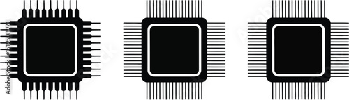 Three black and white illustrations of computer chips labeled spiking memristive and photonic designs