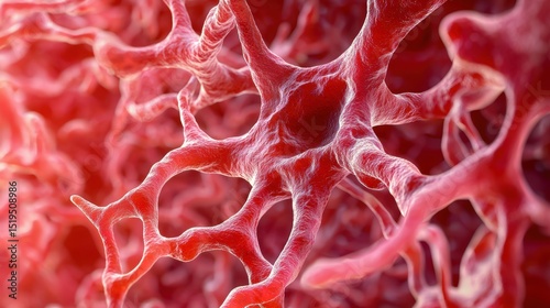 Abstract depiction of biological structures in vibrant red hues.