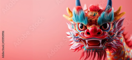 Colorful Chinese dragon sculpture with vibrant details against pink background