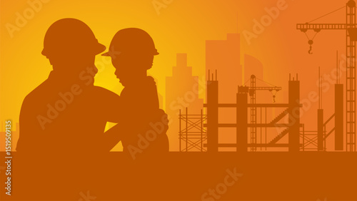 Happy father's day, silhouette banner of a construction worker playing with his son