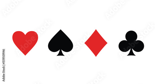 Card of play poker. Casino icon. suit, spade, diamond and heart. Symbols of game club. Set of gambling shapes isolated on white background. Design of signs. Vector.