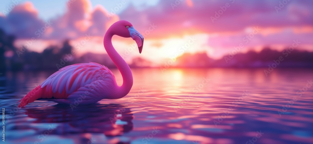Fototapeta premium Stunning pink flamingo gracefully swimming at sunset over tranquil water