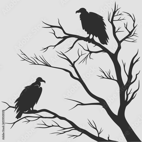 Vulture silhouettes perched in bare tree branches eerie dark motif illustration