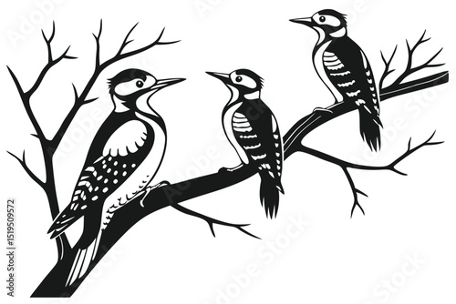Woodpeckers clipart on branch black and white line art wildlife design element