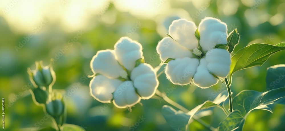 Obraz premium Cotton flowers blooming in lush green field during golden hour light