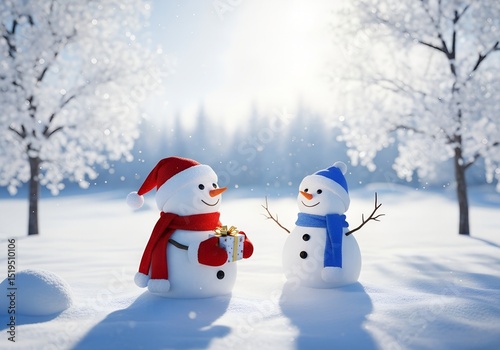 A happy, cute cartoon snowman wearing a festive hat and scarf stands in a winter park amidst falling snowflakes, celebrating the holiday season