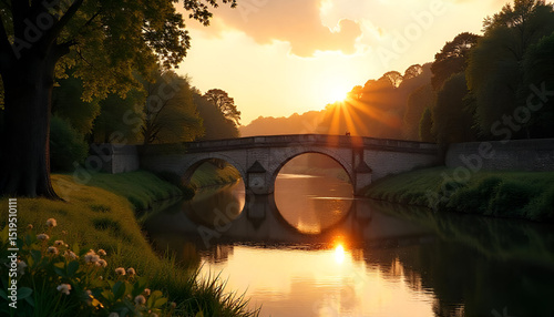 River with a bridge and ruins in the middle of a green park landscape, walkers enjoying nature, Luxembourg City.