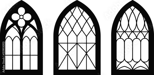 Three black and white gothic style window designs with different patterns on a white background