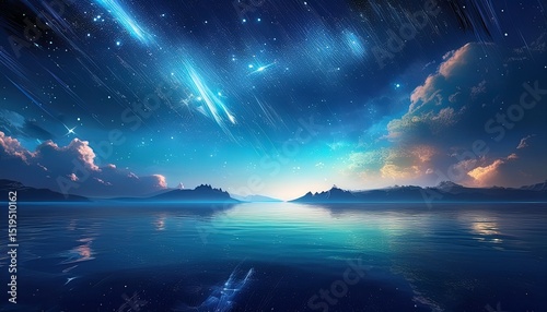 夏の海、幻想的な流れ星、青い光、美しいグラデーション、デスクトップ画面、背景画像　Generated by AI