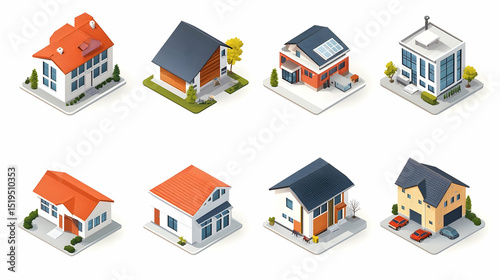 Isometric Residential Building Collection Presenting Architectural Diversity and Style