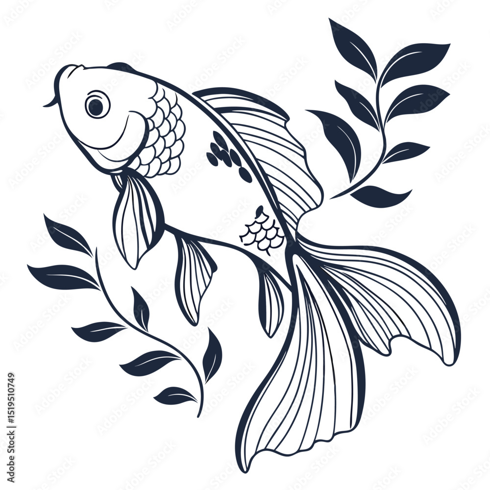 Fototapeta premium Elegant line art depiction of a goldfish with floral elements illustration