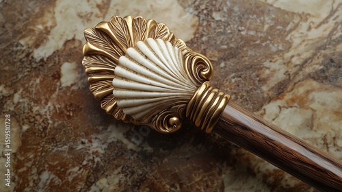 Elegant Saint James Day illustration with a shining golden scallop shell on a pilgrim staff, displayed on a subtle bronze to ivory gradient background symbolizing faith, journey, and tradition photo