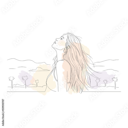 Young woman dreaming with flowing hair against a landscape background  