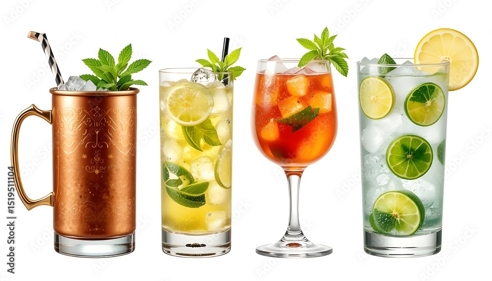 Gin Rickey cocktail PNG set bundle, translucent isolated background, Caipirinha, Mint Julep, and Moscow Mule. Mixology, cocktails, bar menu, and garnis for bright, vibrant drinks Gin Rickey cocktail PNG set bundle, translucent isolated background, Caipirinha, Mint Julep, and Moscow Mule. Mixology, cocktails, bar menu, and garnis for bright, vibrant drinks