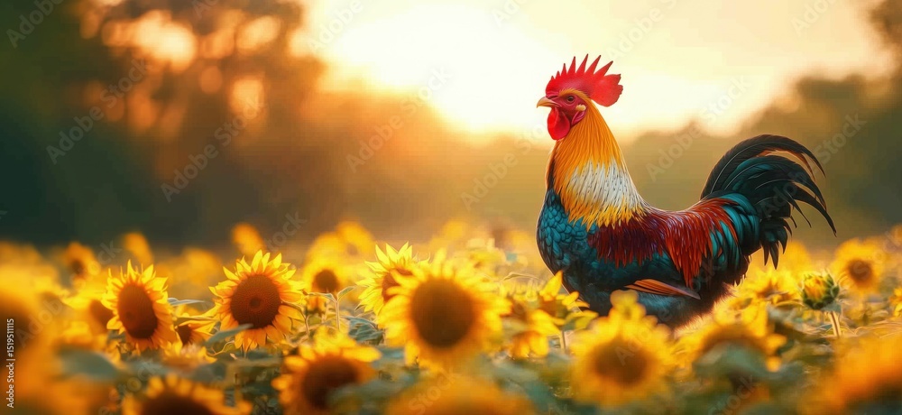 Fototapeta premium Colorful rooster standing proudly in sunflower field during sunset