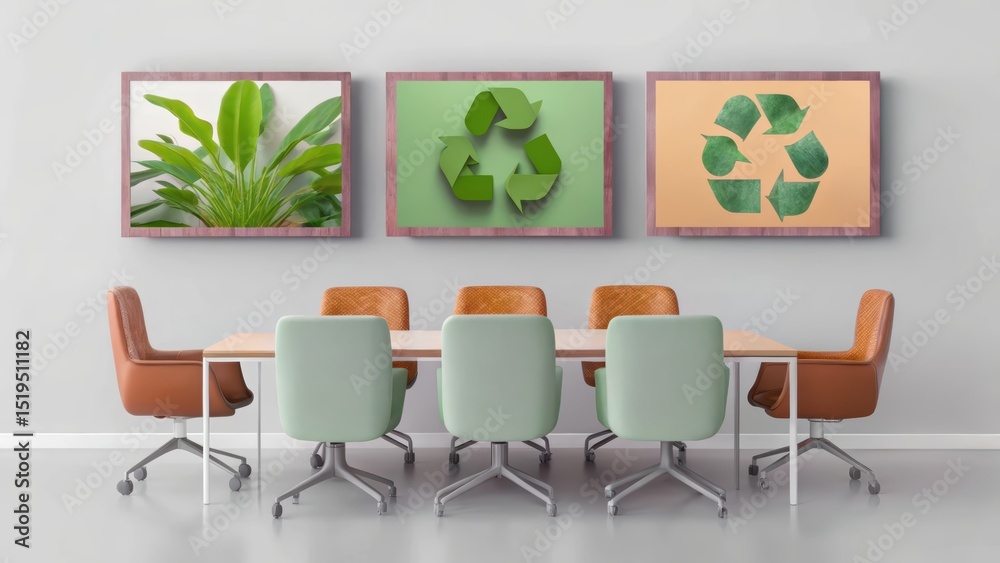 Fototapeta premium Modern meeting room with pastel chairs and sustainability-themed wall art, promoting eco-conscious business practices and green workplace culture.