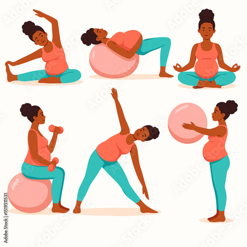 vector illustration of a pregnant African American woman with dark skin, performing different prenatal exercises.