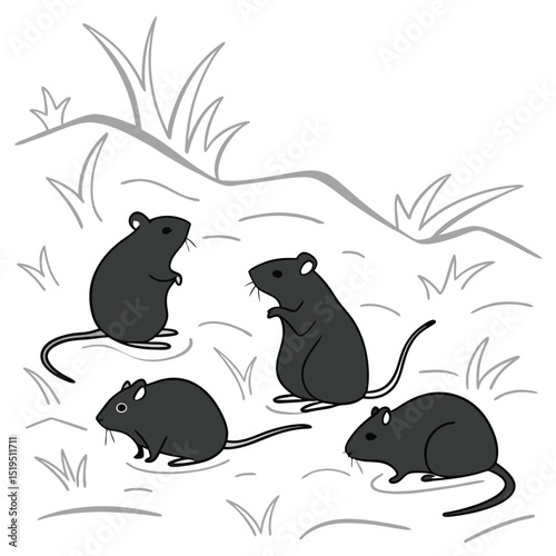 Four gray cartoon mice in a grassy field illustration