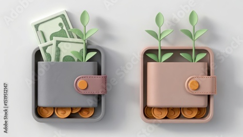 Stylized 3D wallets filled with cash, coins, and sprouting plants, symbolizing financial growth, savings, and eco-conscious investments. photo