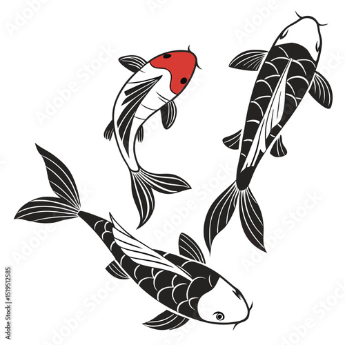 Illustration of three japanese koi fish swimming gracefully in monochrome style