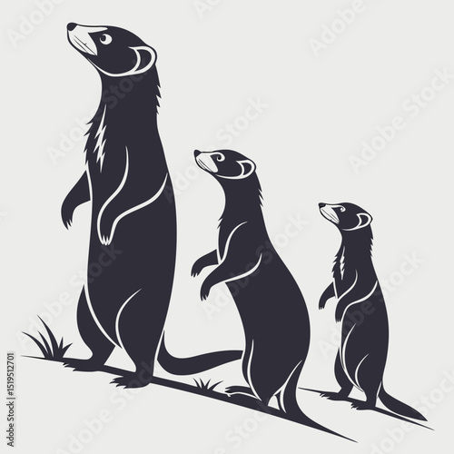 Meerkat family silhouette standing on guard looking upward vector illustration