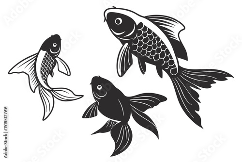 Minimalist black and white koi fish illustration of three elegant swimming fish