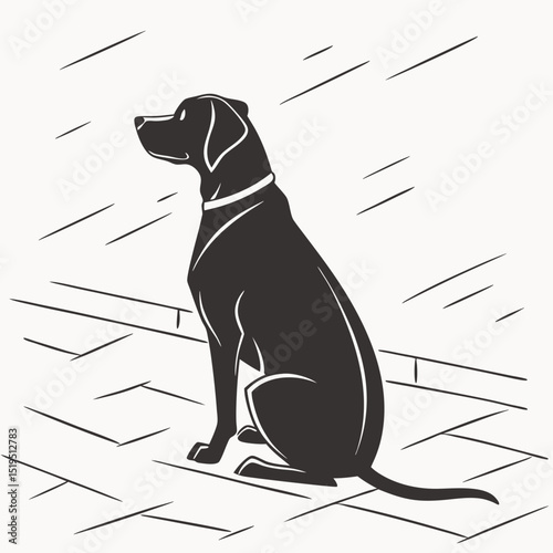 Minimalist illustration of a seated black labrador retriever dog on brick surface