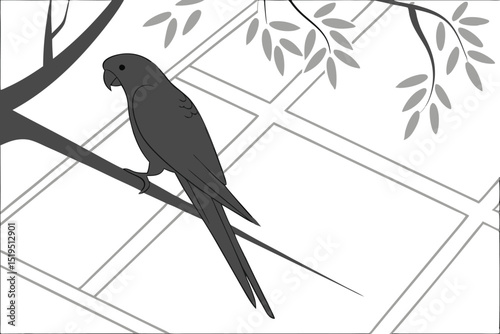 Minimalist vector illustration of a parrot perched on a branch with leaves