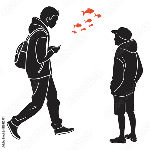 Modern life concept of teenagers with mobile phone and fishes on white background