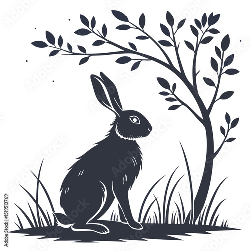 Silhouette hare illustration under tree night scene vector graphic image
