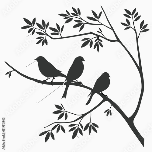 Silhouette illustration of birds resting on a branch with leaves vector graphic