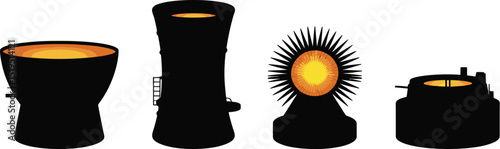 Four industrial structures in silhouette with glowing orange interiors on a white background illustration