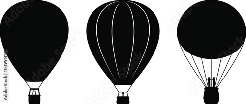 Three black hot air balloon silhouettes on a white background in a side by side by side arrangement