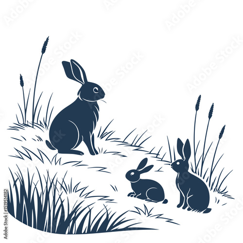 Silhouette illustration of rabbits sitting in a field with tall grass